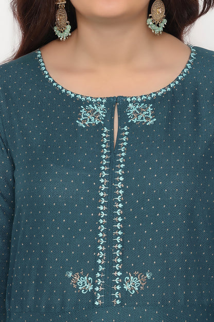 Teal Printed Rayon Kurta and Straight Pant Set