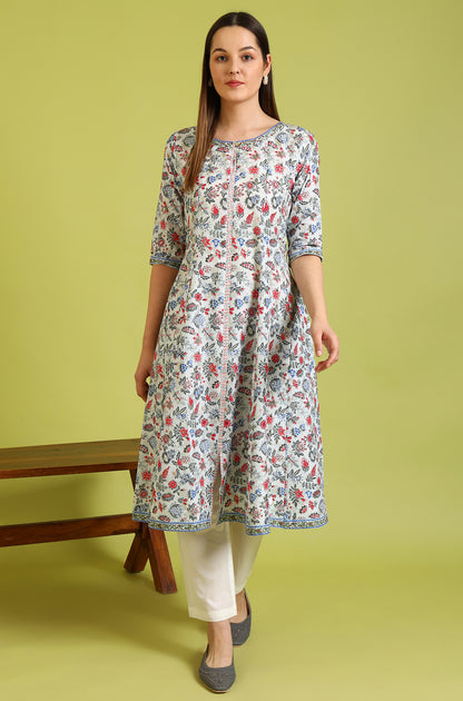 Light Blue Floral Glitter Printed Pure Cotton Anarkali Kurta and Pants Set