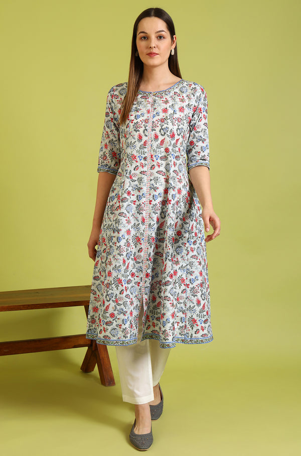 Light Blue Floral Glitter Printed Pure Cotton Anarkali Kurta and Pants Set
