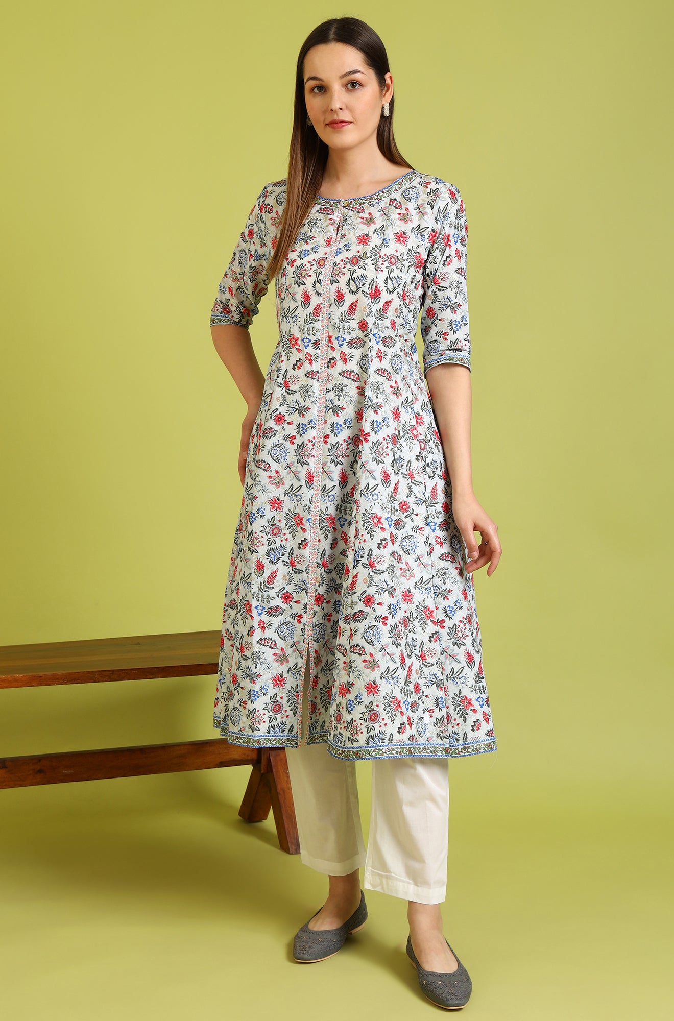 Light Blue Floral Glitter Printed Pure Cotton Anarkali Kurta and Pants Set
