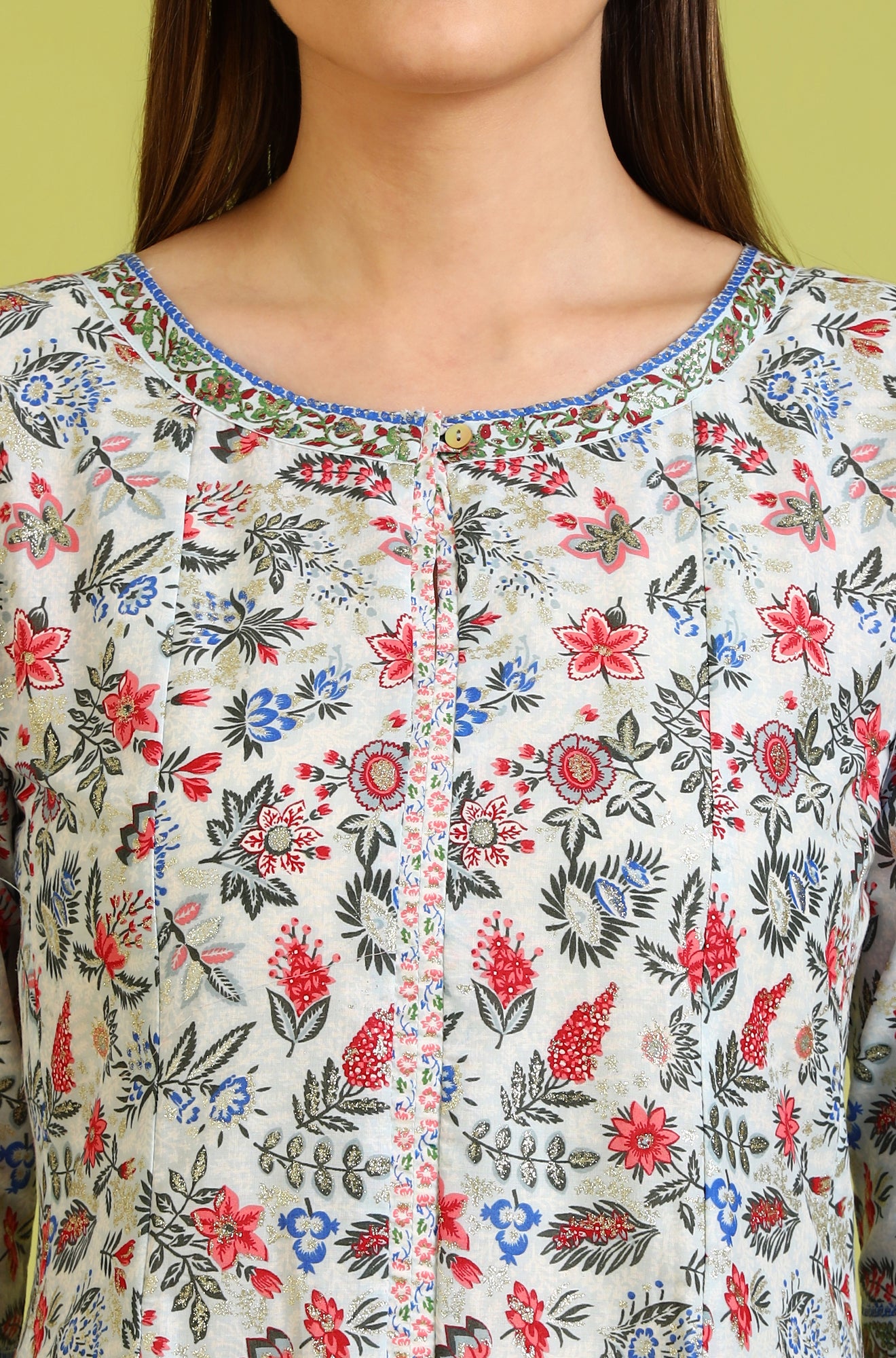 Light Blue Floral Glitter Printed Pure Cotton Anarkali Kurta and Pants Set