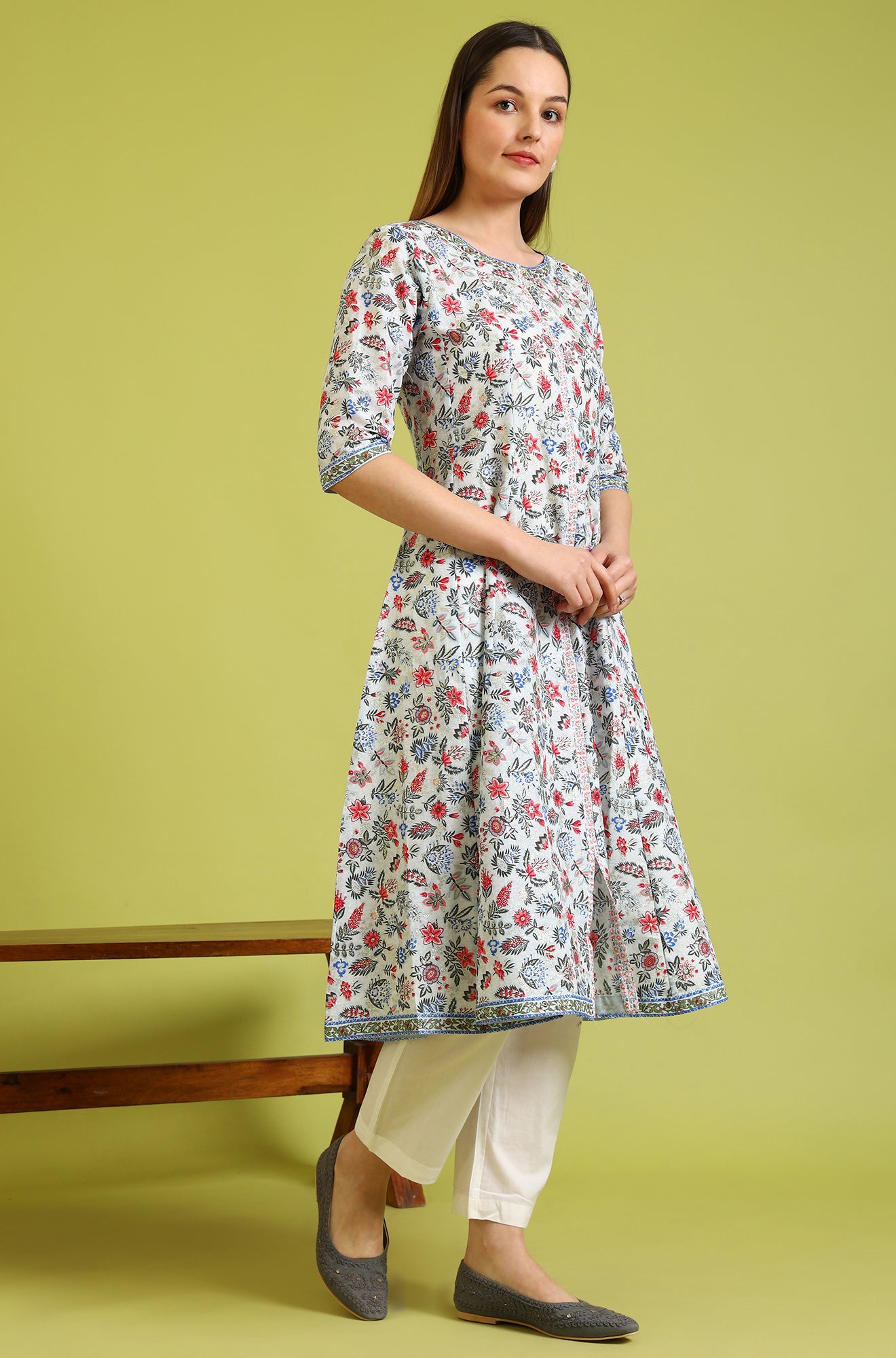 Light Blue Floral Glitter Printed Pure Cotton Anarkali Kurta and Pants Set