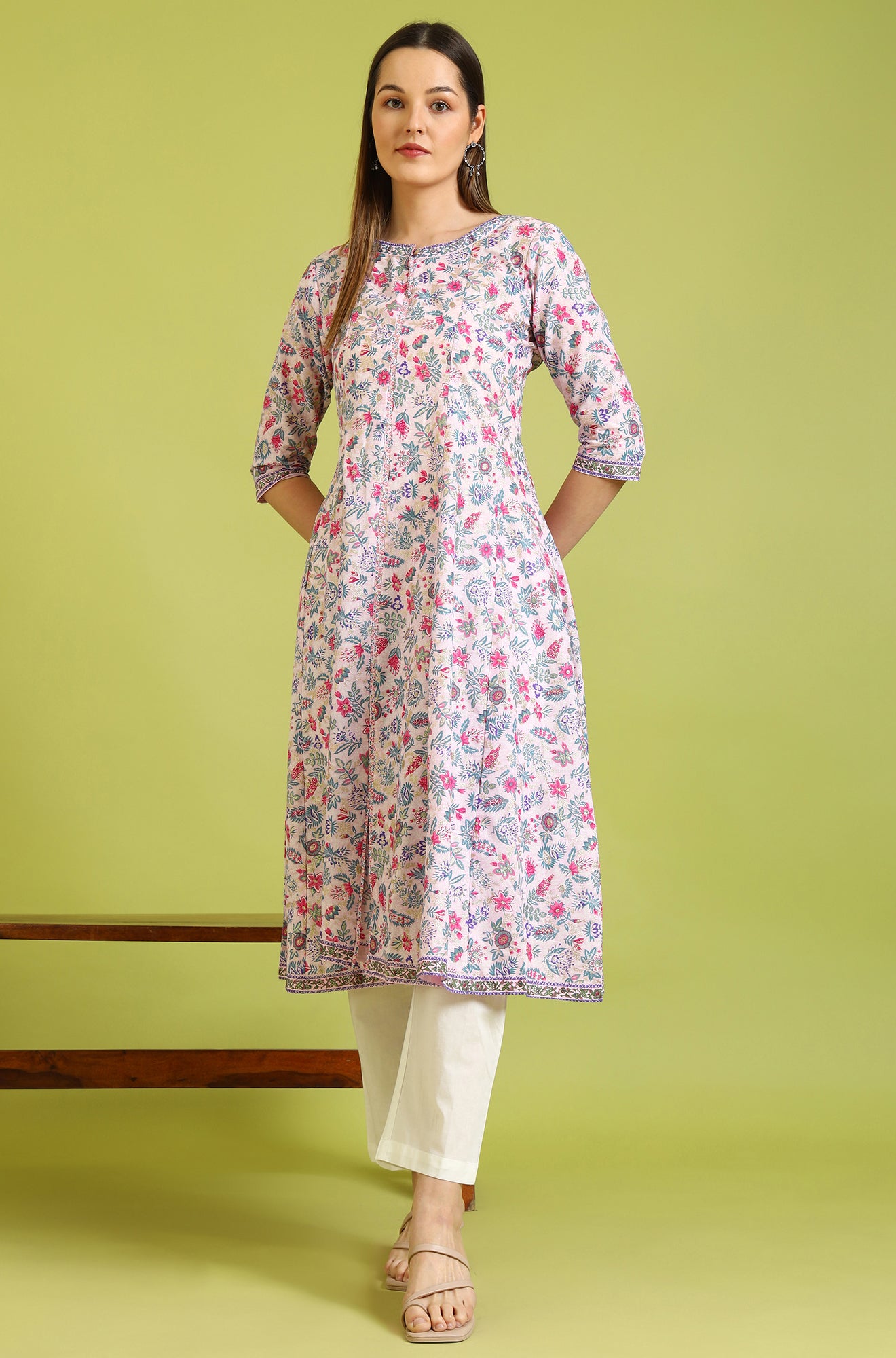 Light Pink Floral Glitter Printed Pure Cotton Anarkali Kurta and Pants Set