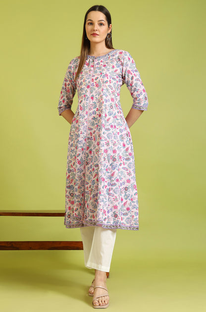Light Pink Floral Glitter Printed Pure Cotton Anarkali Kurta and Pants Set