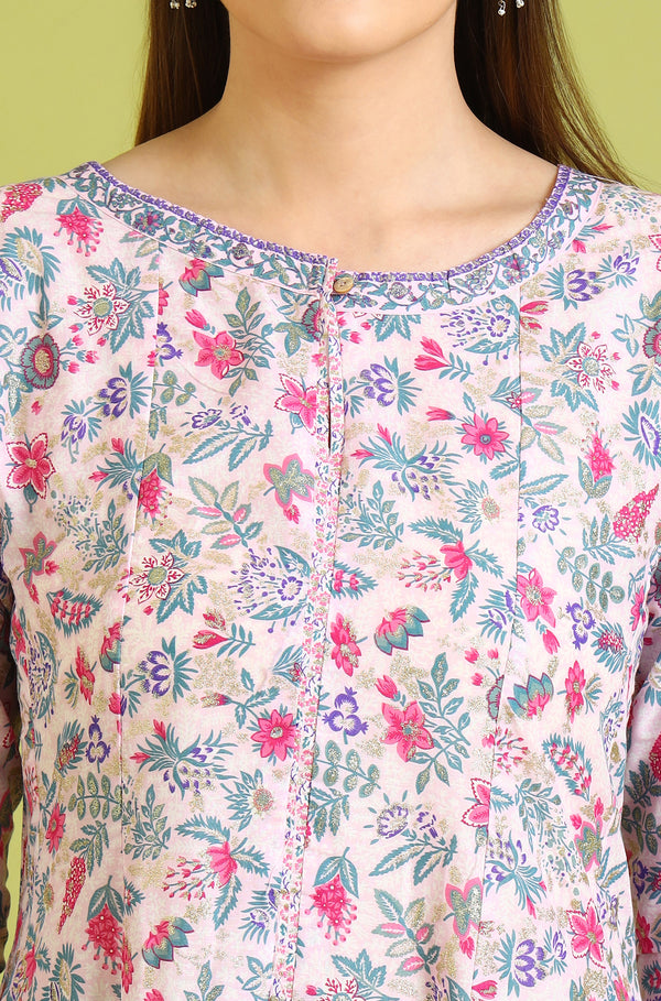 Light Pink Floral Glitter Printed Pure Cotton Anarkali Kurta and Pants Set