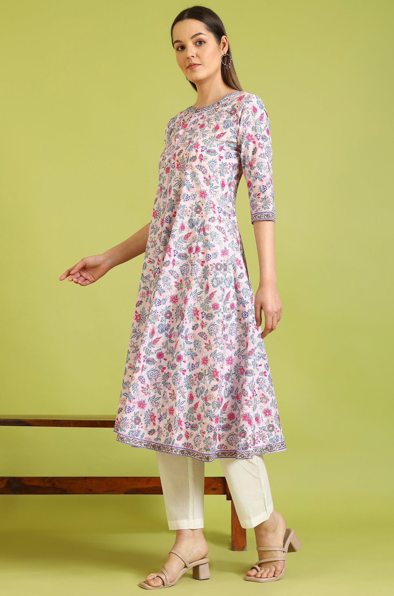 Light Pink Floral Glitter Printed Pure Cotton Anarkali Kurta and Pants Set