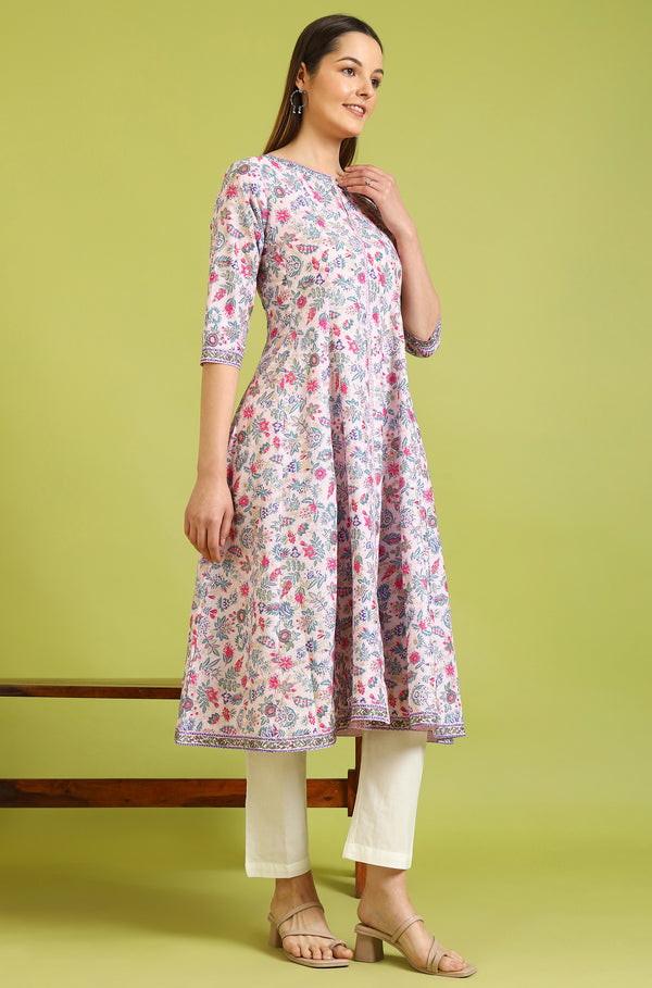 Light Pink Floral Glitter Printed Pure Cotton Anarkali Kurta and Pants Set