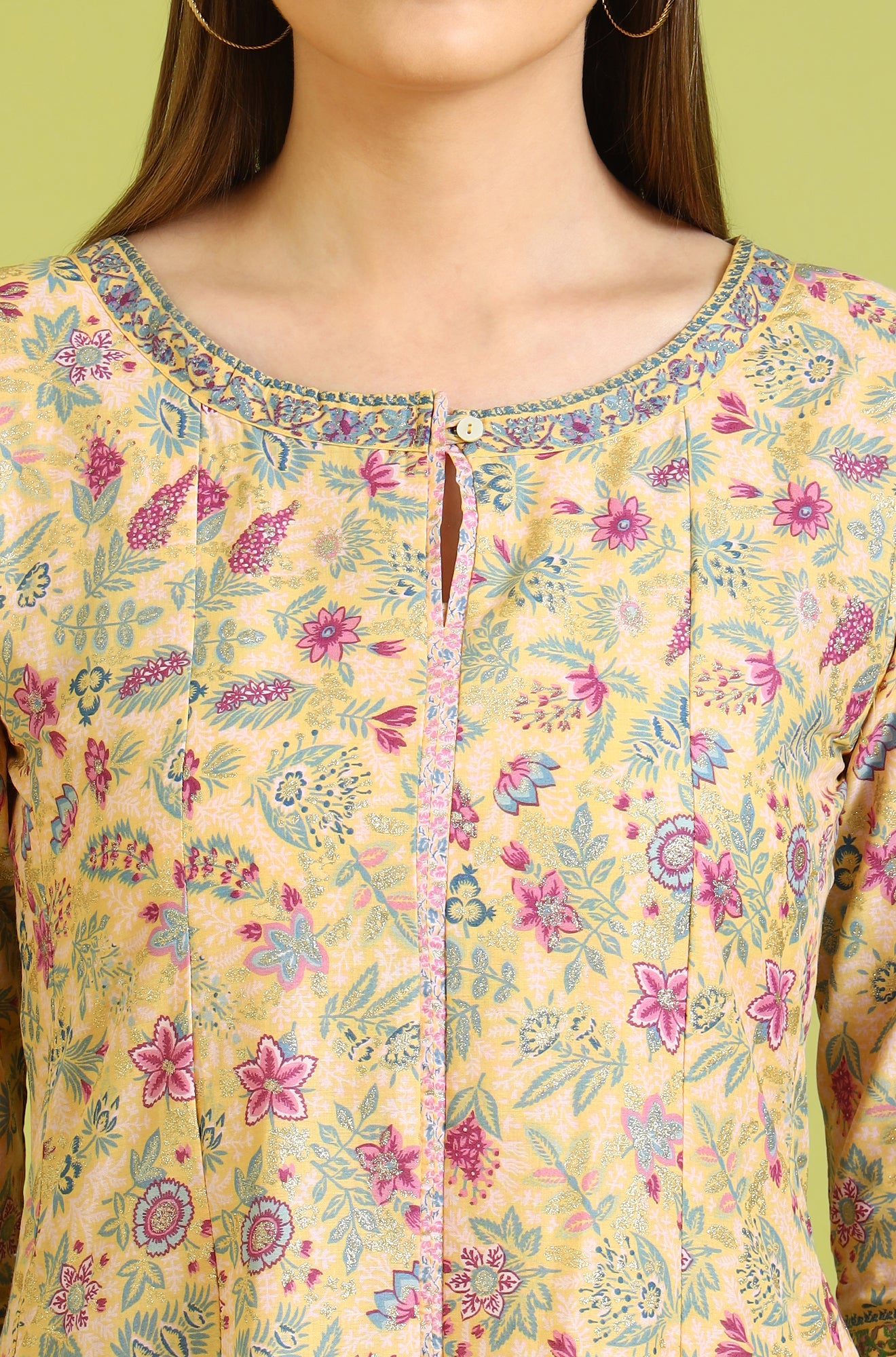 Light Yellow Floral Glitter Printed Pure Cotton Anarkali Kurta and Pants Set