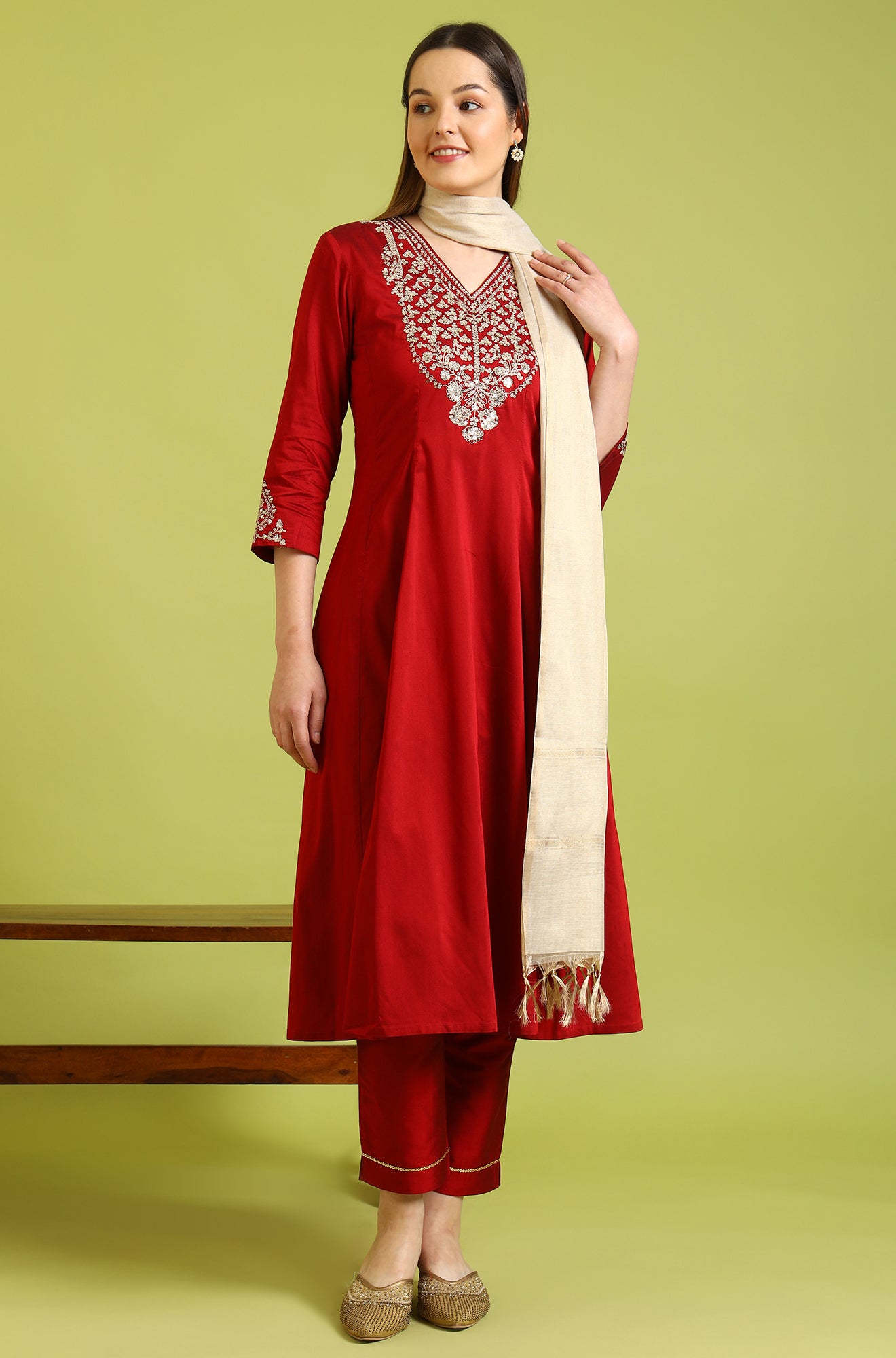 Dark Red Metallic Embroidered Anarkali Kurta, Pants and Dupatta Set