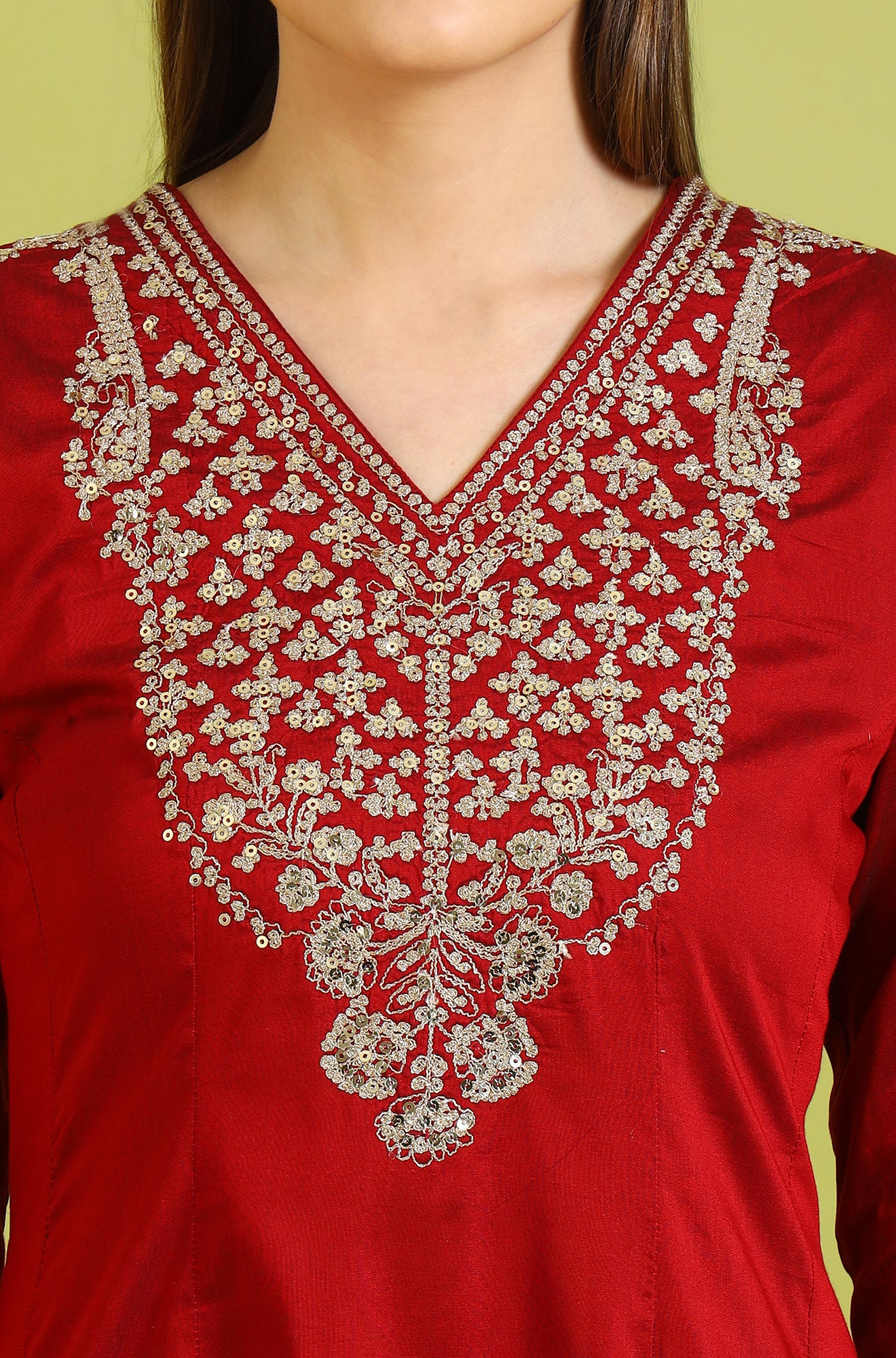 Dark Red Metallic Embroidered Anarkali Kurta, Pants and Dupatta Set