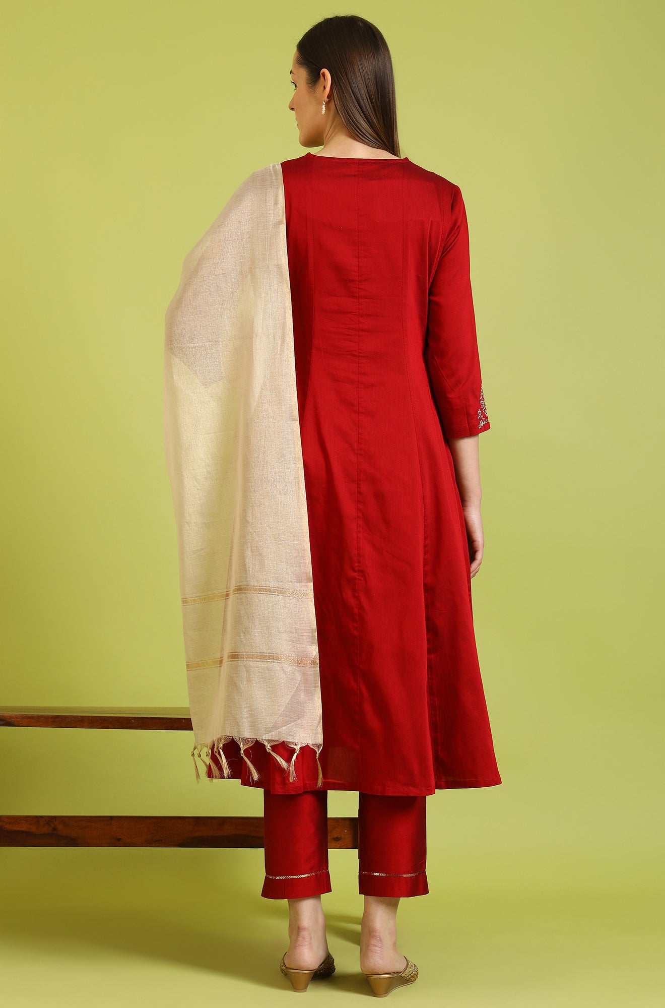 Dark Red Metallic Embroidered Anarkali Kurta, Pants and Dupatta Set