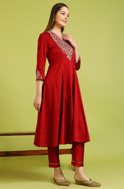 Dark Red Metallic Embroidered Anarkali Kurta, Pants and Dupatta Set