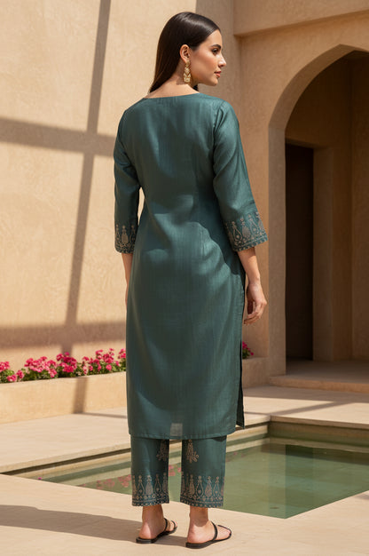 Green Mukaish Embellished Straight Kurta and Straight Pants Co-ord Set