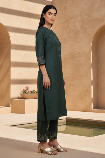 Green Mukaish Embellished Straight Kurta and Straight Pants Co-ord Set