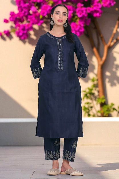Navy Blue Mukaish Embellished Straight Kurta and Straight Pants Co-ord Set