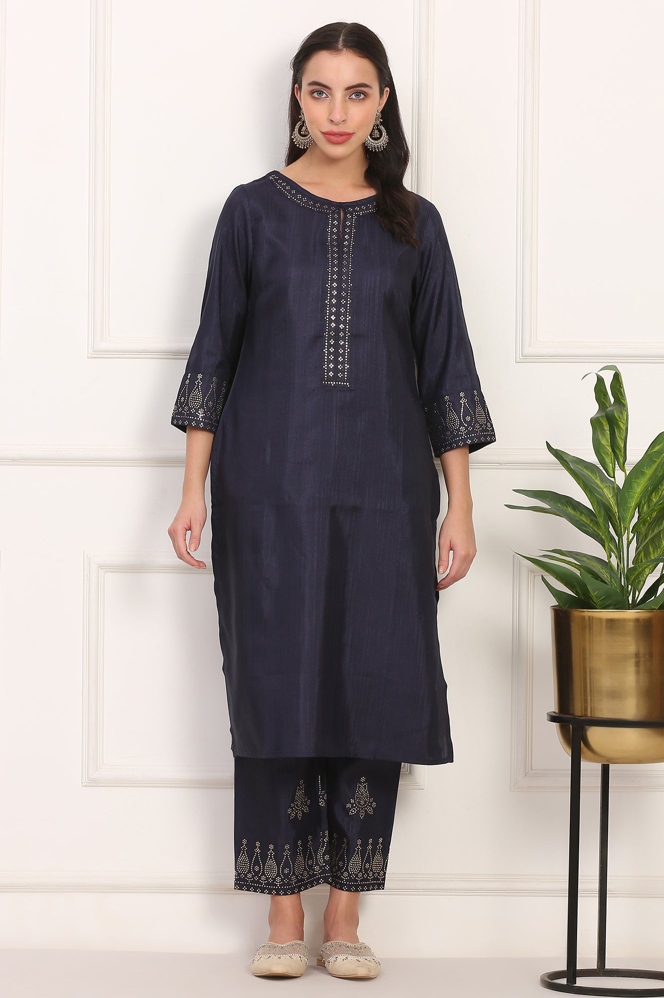 Navy Blue Mukaish Embellished Straight Kurta and Straight Pants Co-ord Set