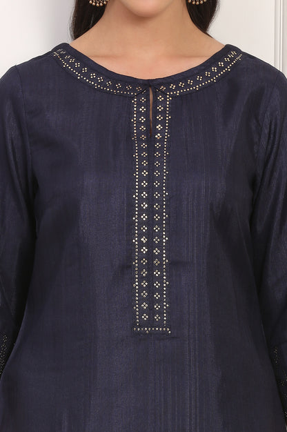 Navy Blue Mukaish Embellished Straight Kurta and Straight Pants Co-ord Set