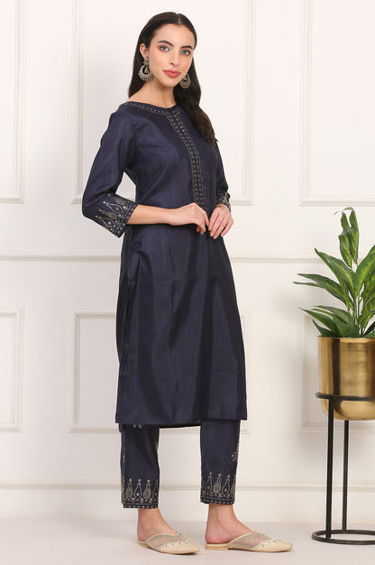 Navy Blue Mukaish Embellished Straight Kurta and Straight Pants Co-ord Set