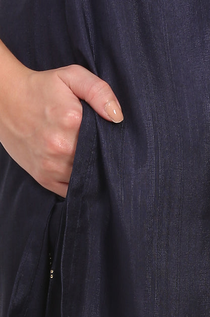 Navy Blue Mukaish Embellished Straight Kurta and Straight Pants Co-ord Set