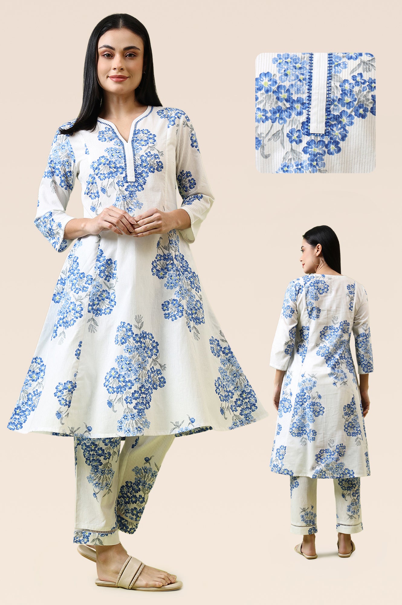 White Floral Printed Pure Cotton Flared Kurta and Pants Co-ord Set