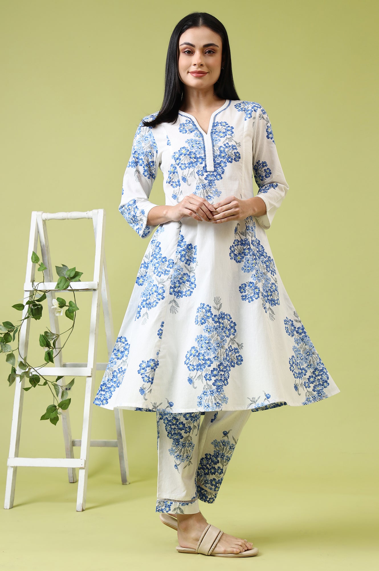 White Floral Printed Pure Cotton Flared Kurta and Pants Co-ord Set
