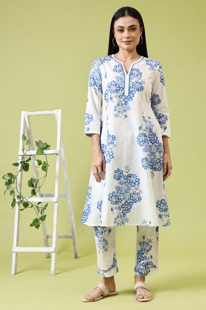 White Floral Printed Pure Cotton Flared Kurta and Pants Co-ord Set