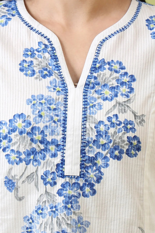 White Floral Printed Pure Cotton Flared Kurta and Pants Co-ord Set