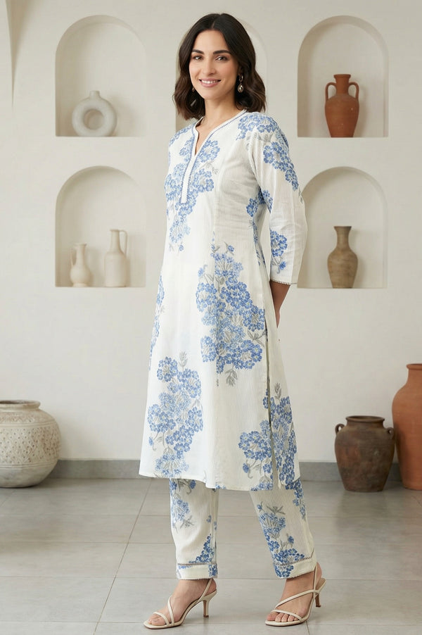 White Floral Printed Pure Cotton Flared Kurta and Pants Co-ord Set