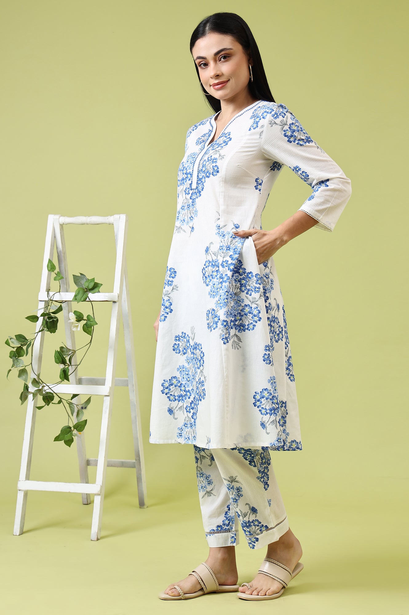 White Floral Printed Pure Cotton Flared Kurta and Pants Co-ord Set