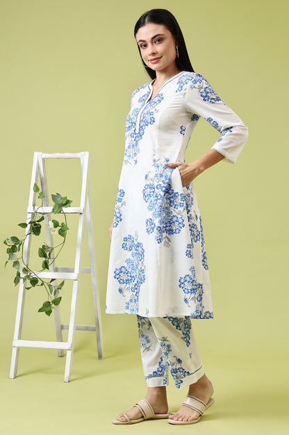 White Floral Printed Pure Cotton Flared Kurta and Pants Co-ord Set