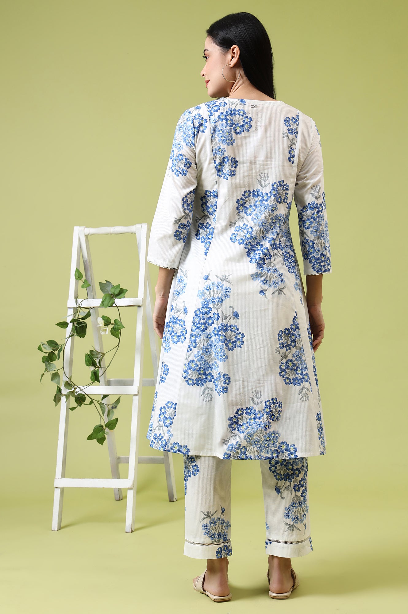 White Floral Printed Pure Cotton Flared Kurta and Pants Co-ord Set