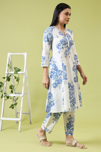 White Floral Printed Pure Cotton Flared Kurta and Pants Co-ord Set