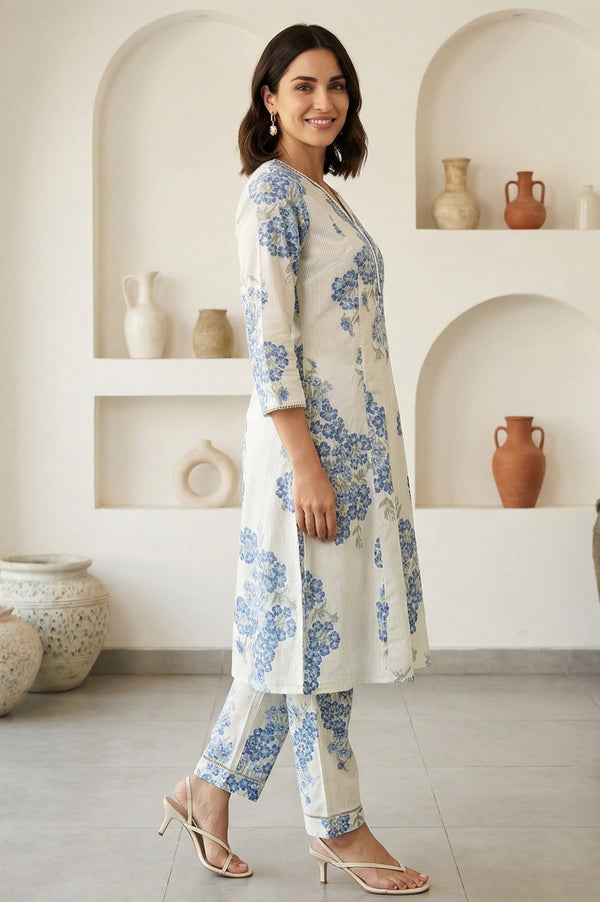 White Floral Printed Pure Cotton Flared Kurta and Pants Co-ord Set
