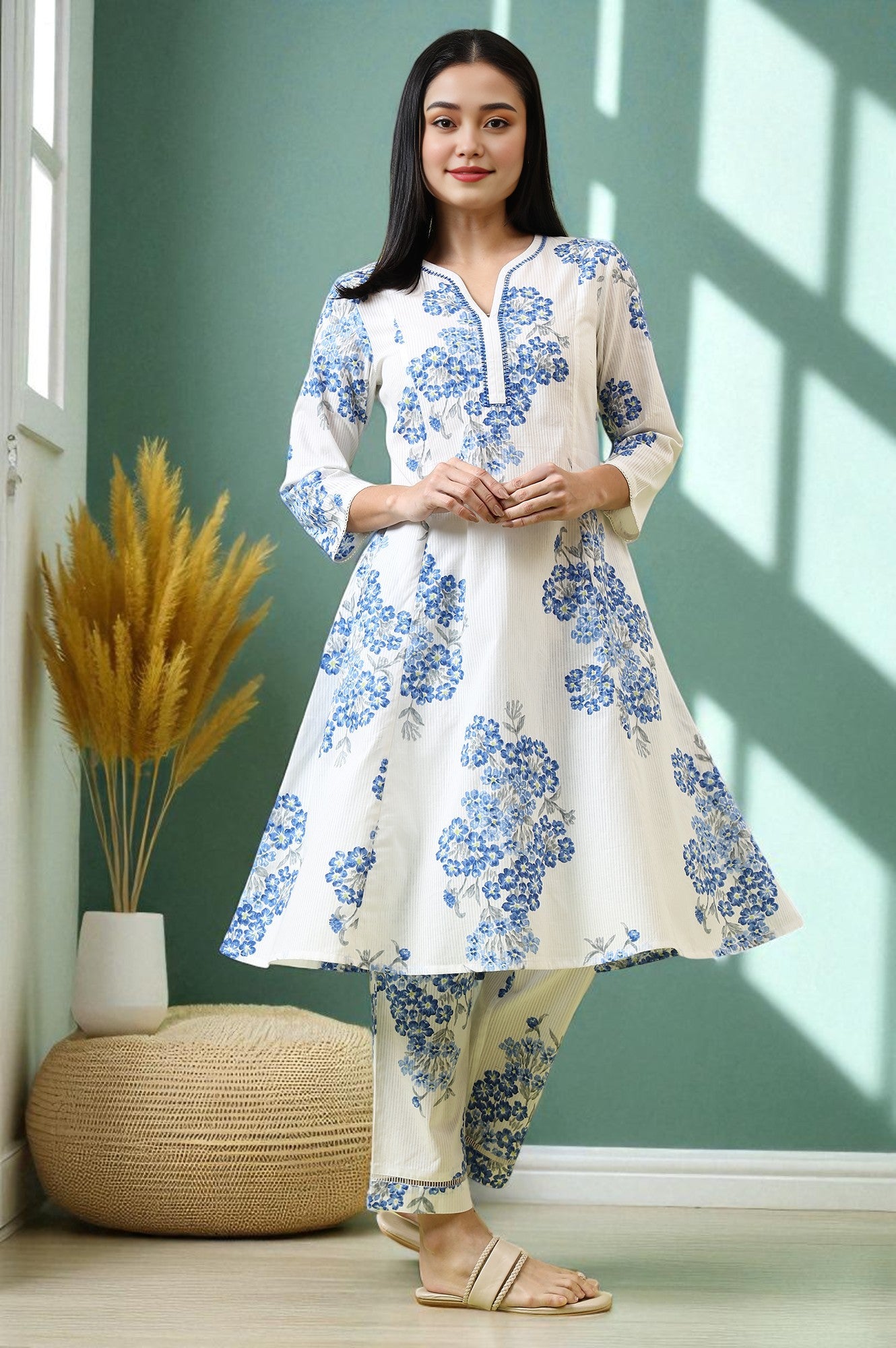 White Floral Printed Pure Cotton Flared Kurta and Pants Co-ord Set
