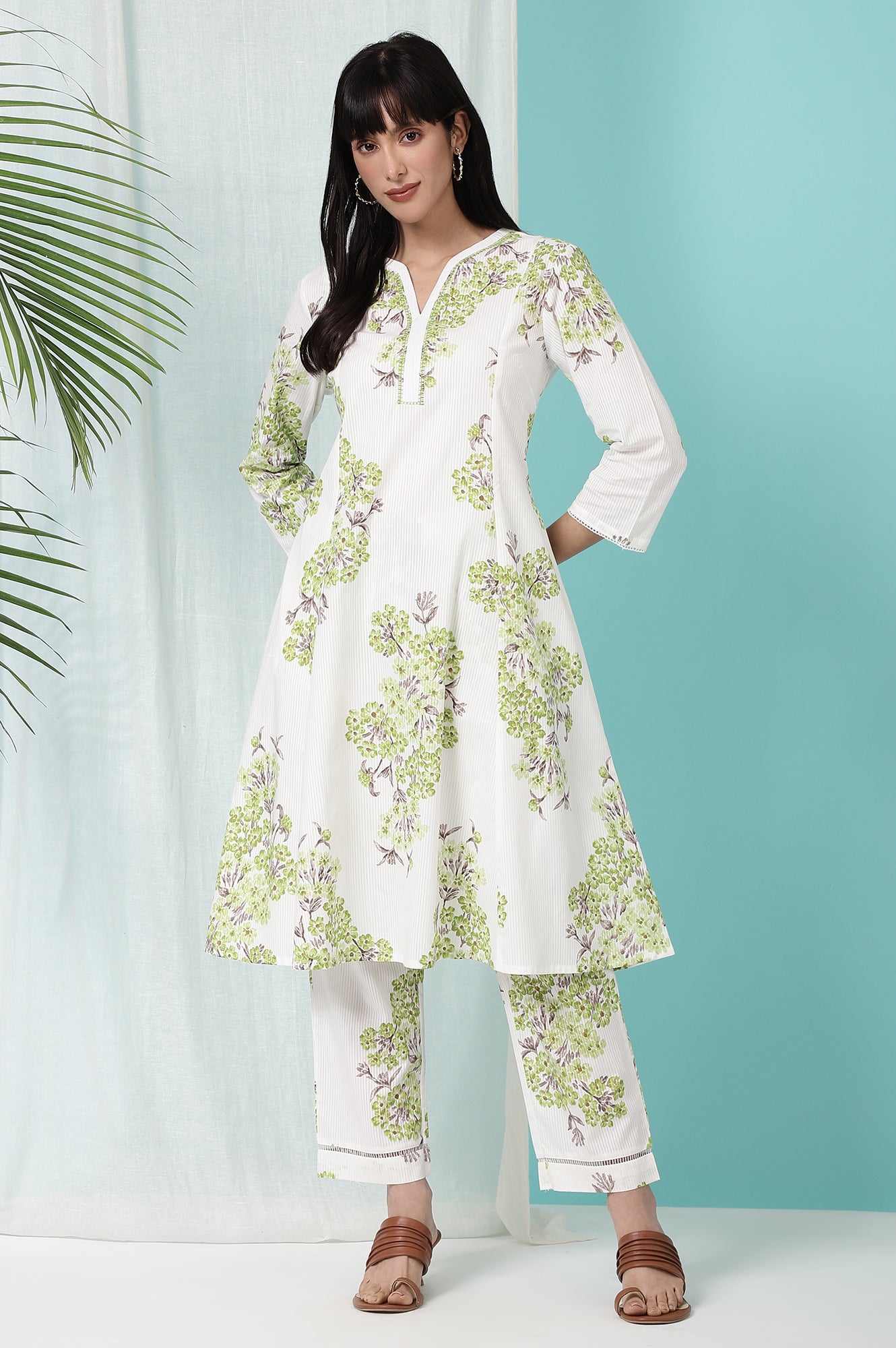 White Floral Printed Pure Cotton Flared Kurta and Pants Co-ord Set