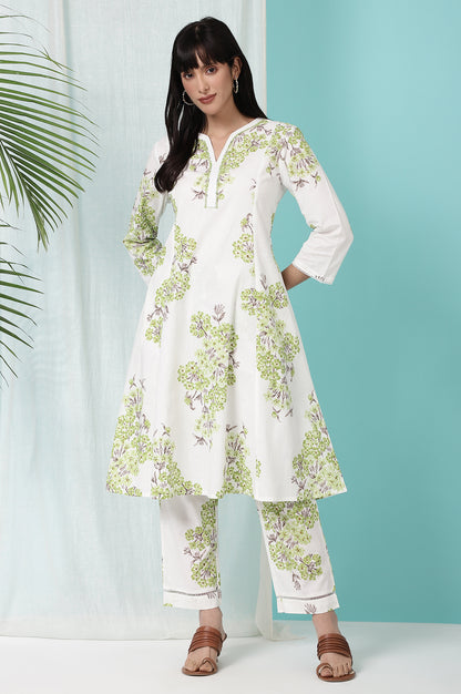 White Floral Printed Pure Cotton Flared Kurta and Pants Co-ord Set