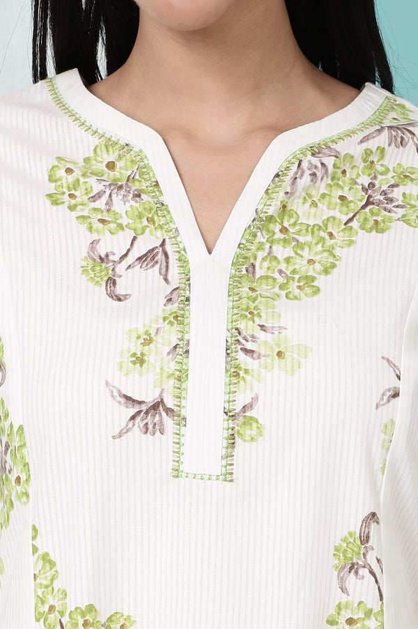 White Floral Printed Pure Cotton Flared Kurta and Pants Co-ord Set