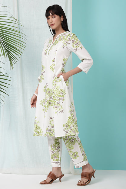 White Floral Printed Pure Cotton Flared Kurta and Pants Co-ord Set