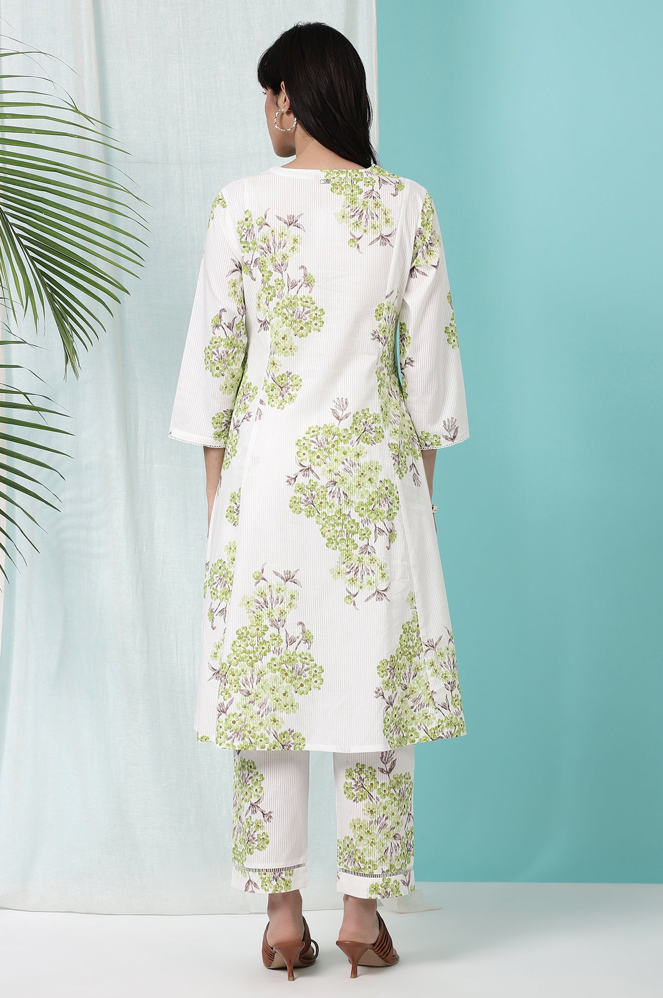 White Floral Printed Pure Cotton Flared Kurta and Pants Co-ord Set