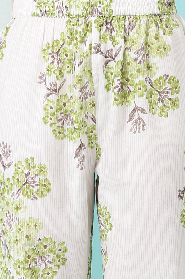 White Floral Printed Pure Cotton Flared Kurta and Pants Co-ord Set