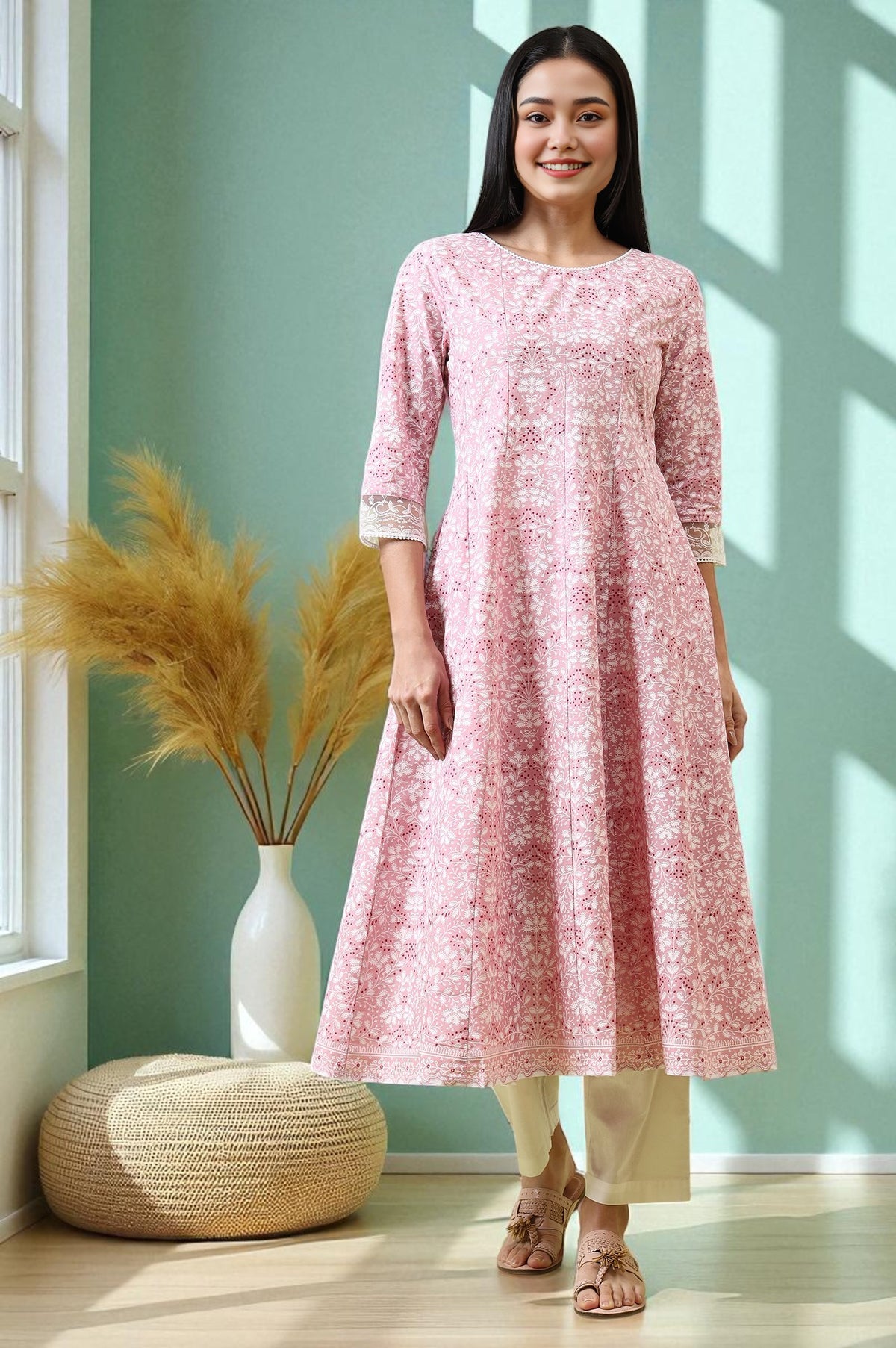 Pink Floral Printed Pure Cotton Anarkali Kurta and Straight Pants Set - XS