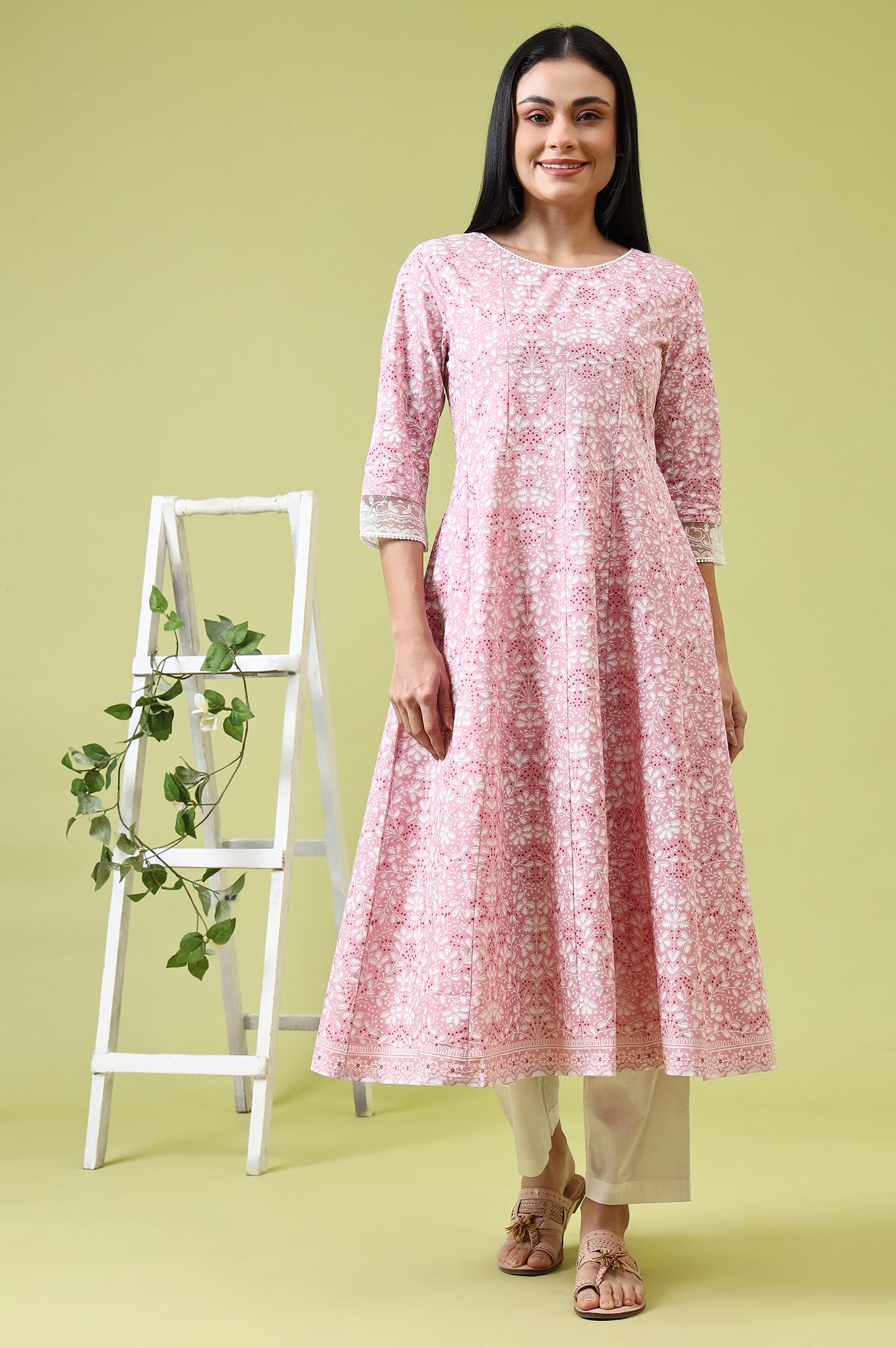 Pink Floral Printed Pure Cotton Anarkali Kurta and Straight Pants Set