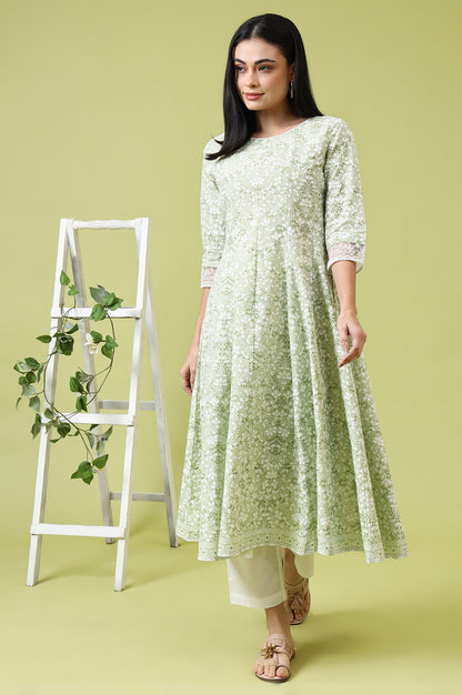 Green Paisley Printed Pure Cotton Anarkali Kurta and Pants Set