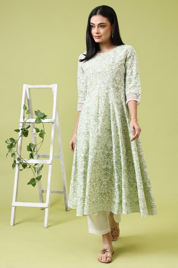 Green Paisley Printed Pure Cotton Anarkali Kurta and Pants Set