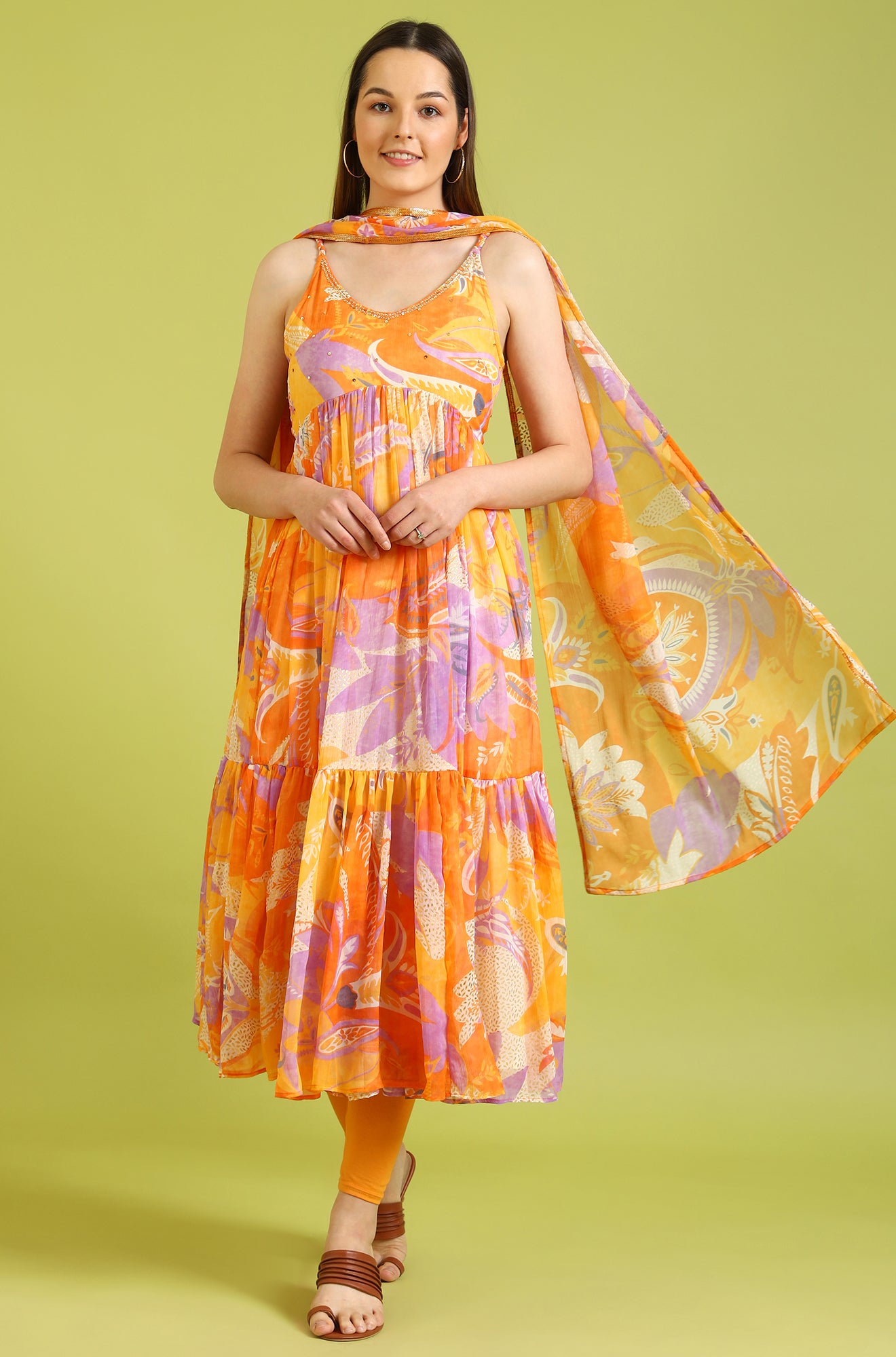 Orange Abstract Printed Tiered Spaghetti Kurta and Leggings Set with Dupatta