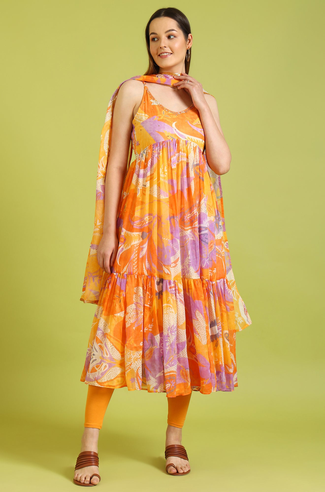 Orange Abstract Printed Tiered Spaghetti Kurta and Leggings Set with Dupatta