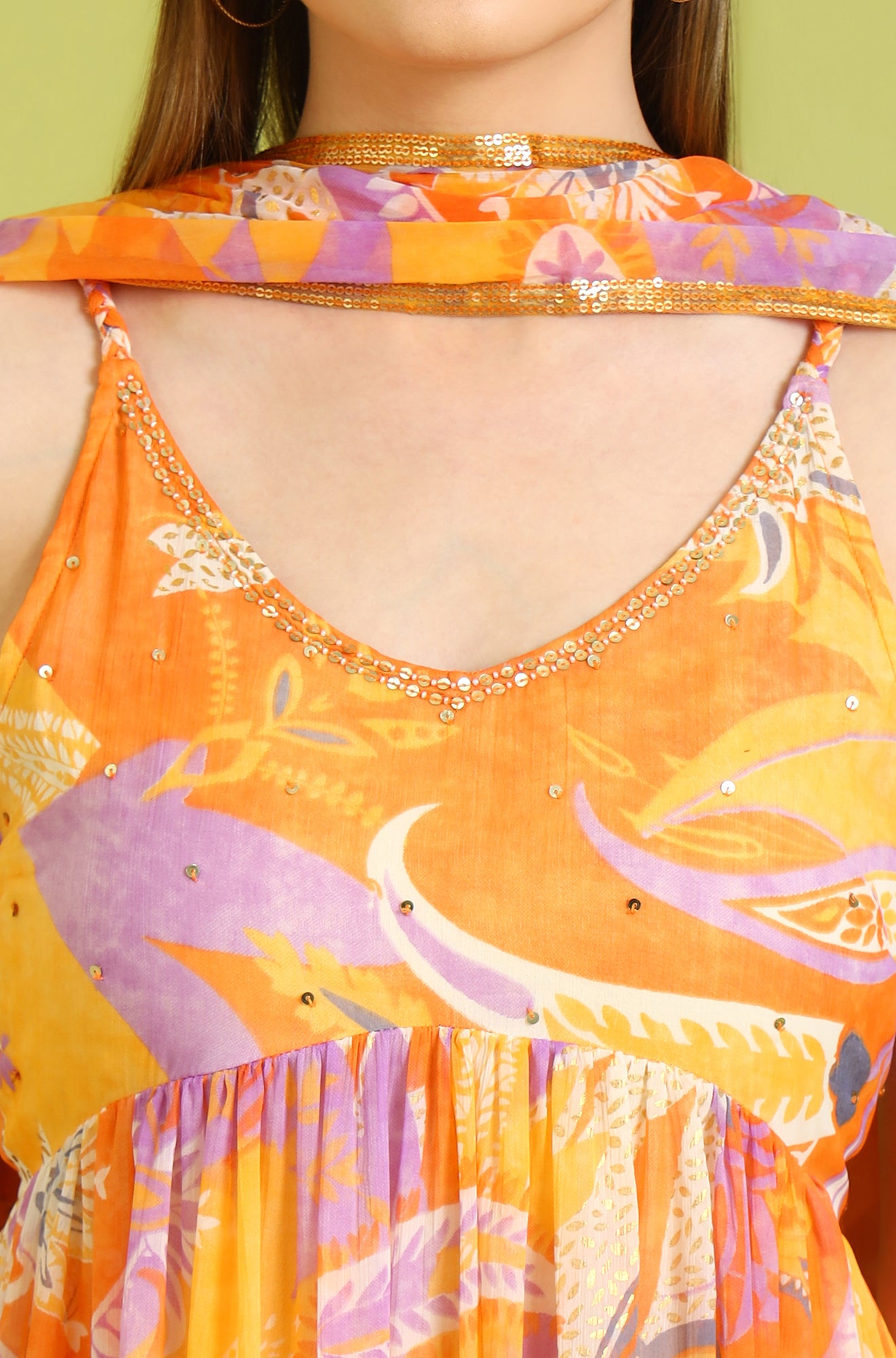 Orange Abstract Printed Tiered Spaghetti Kurta and Leggings Set with Dupatta