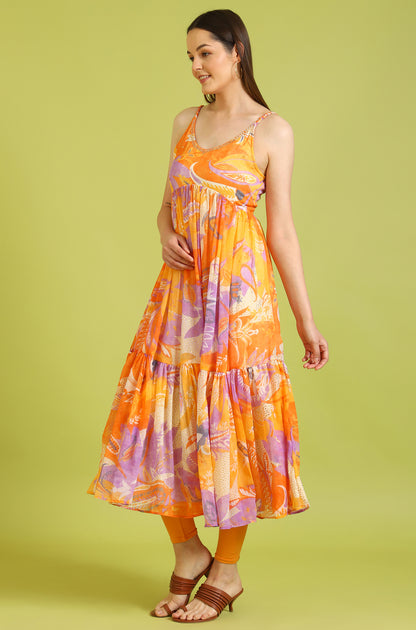 Orange Abstract Printed Tiered Spaghetti Kurta and Leggings Set with Dupatta