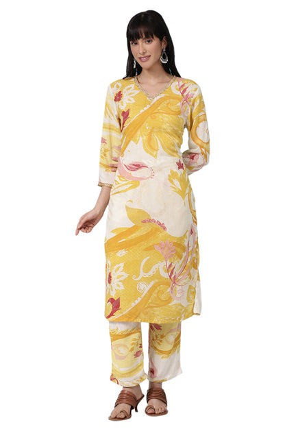 Yellow Bold Floral Printed Modal Straight Kurta and Pants Co-ord Set