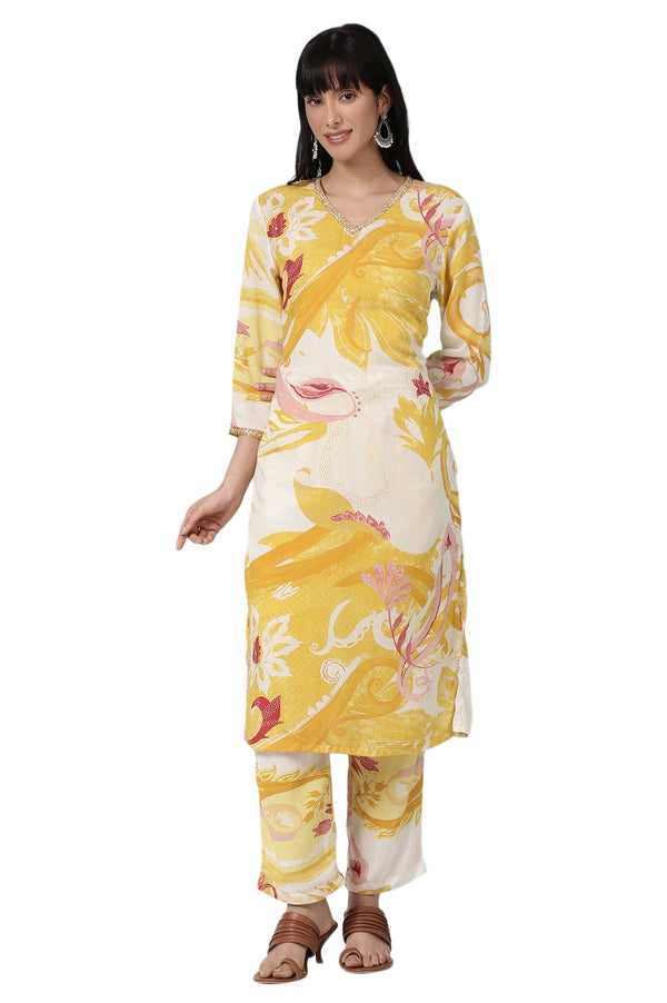 Yellow Bold Floral Printed Modal Straight Kurta and Pants Co-ord Set